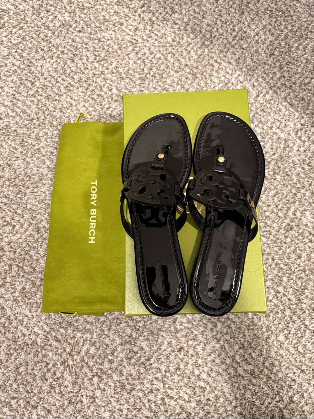 Tory Burch Black Patent Miller Thong Sandals